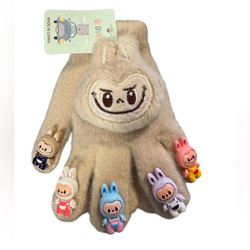 🎁 Cute Beige Gloves with Colorful Labubu Characters NWT